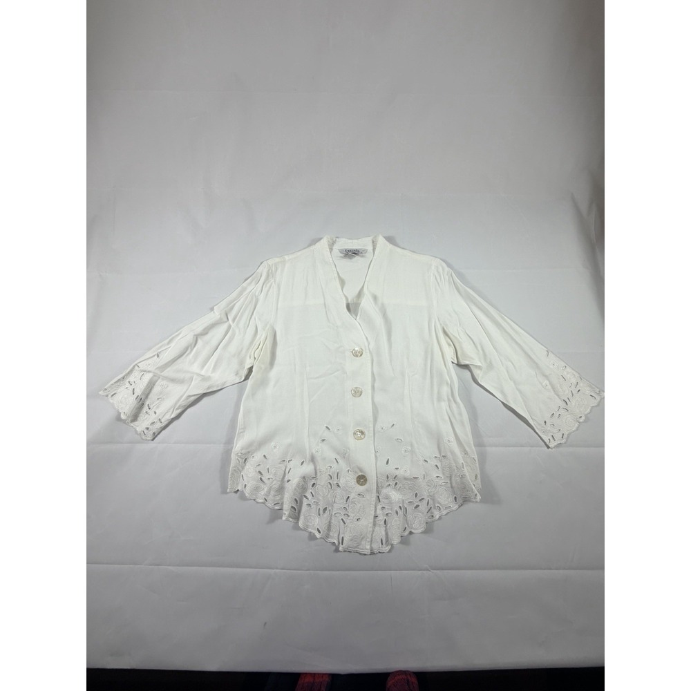 Boho Cottagecore White Eyelet Lace Button Blouse Rayon Top Womens M